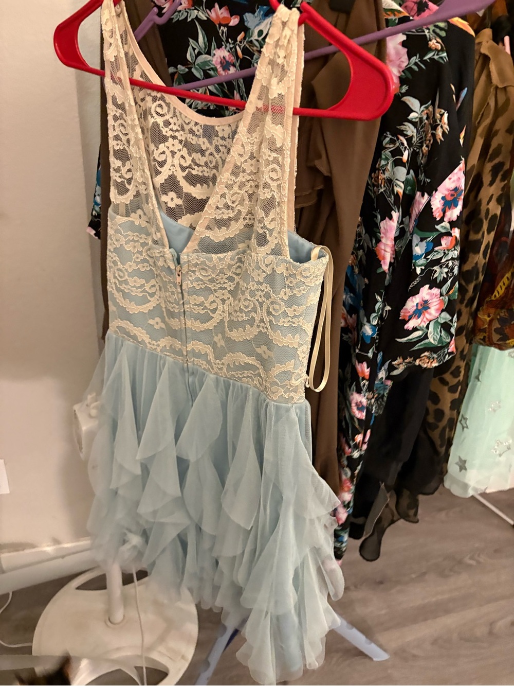 Teeze Me Lace Overlay Dress in Ivory and Light Blue - Picture 3 of 4